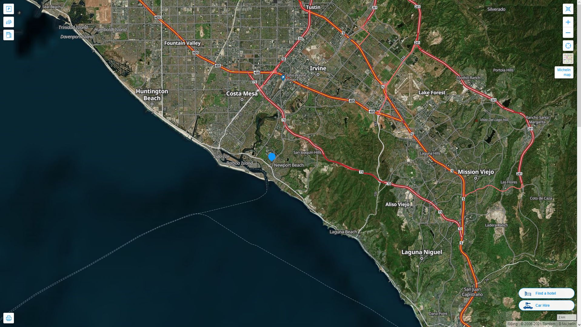 Newport Beach California Highway and Road Map with Satellite View